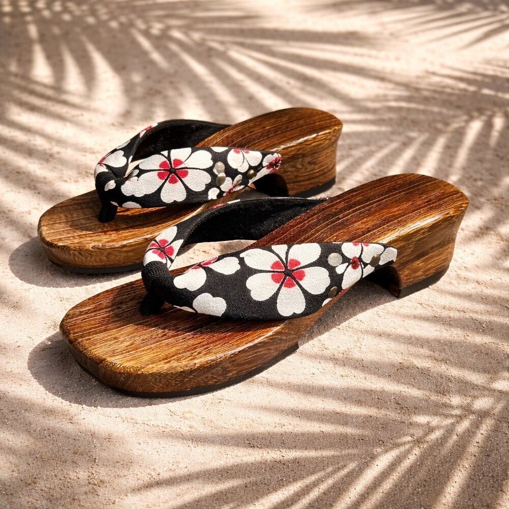 Womens Faux Wood Platform Floral Sandals 9 Hawaiian Beachy Vacation Hippie Boho